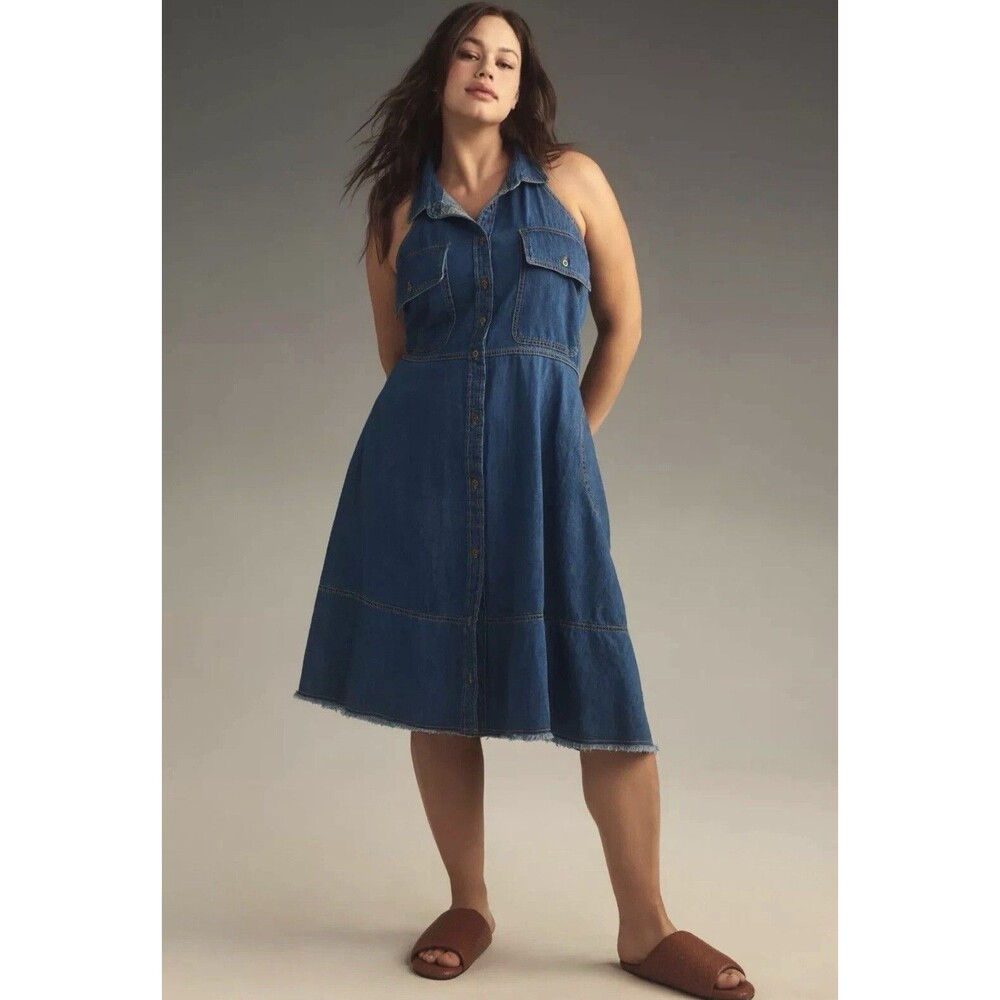 Anthropologie Pilcro Sleeveless Halter Swing Midi Dress 2X Denim Blue Cotton